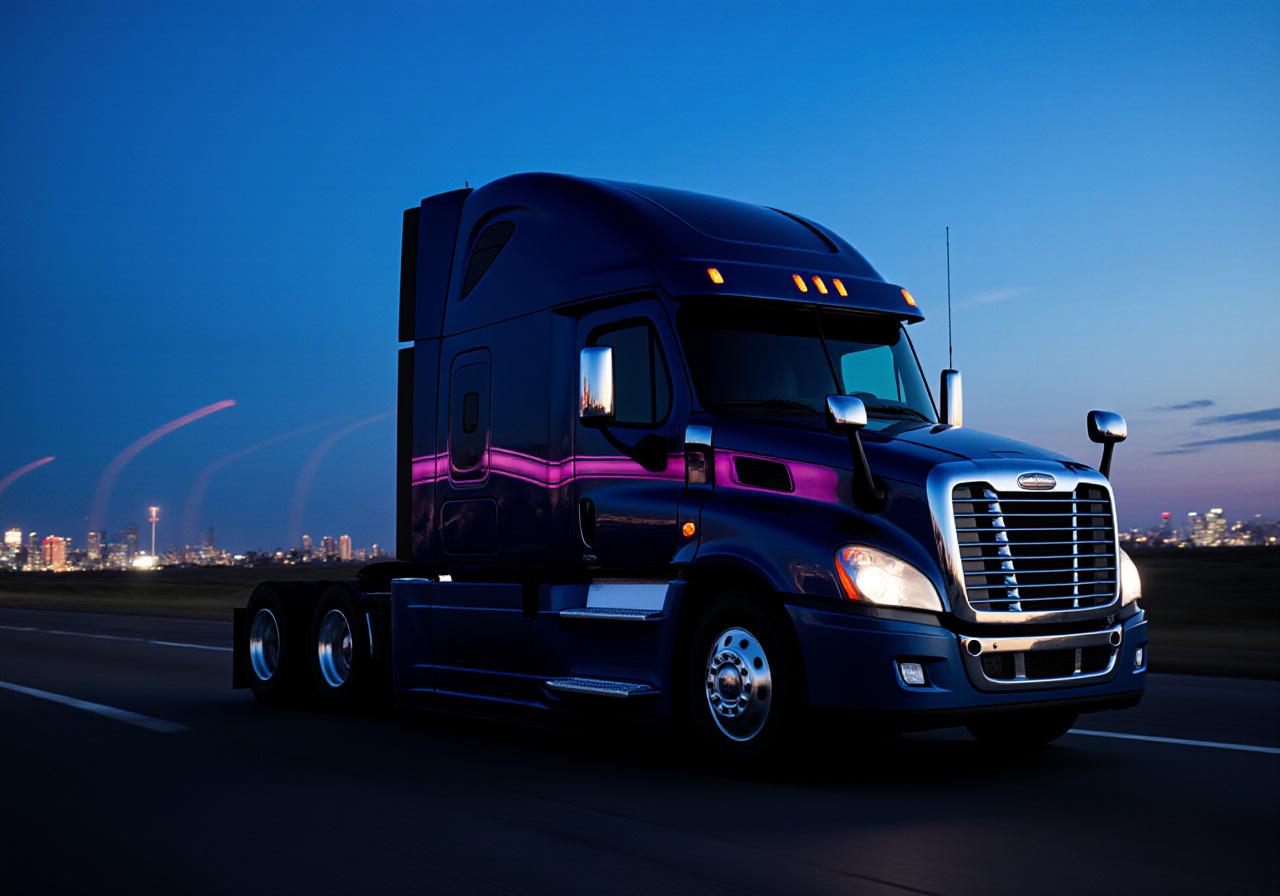 Sleek modern logistics truck at dusk, editorial style