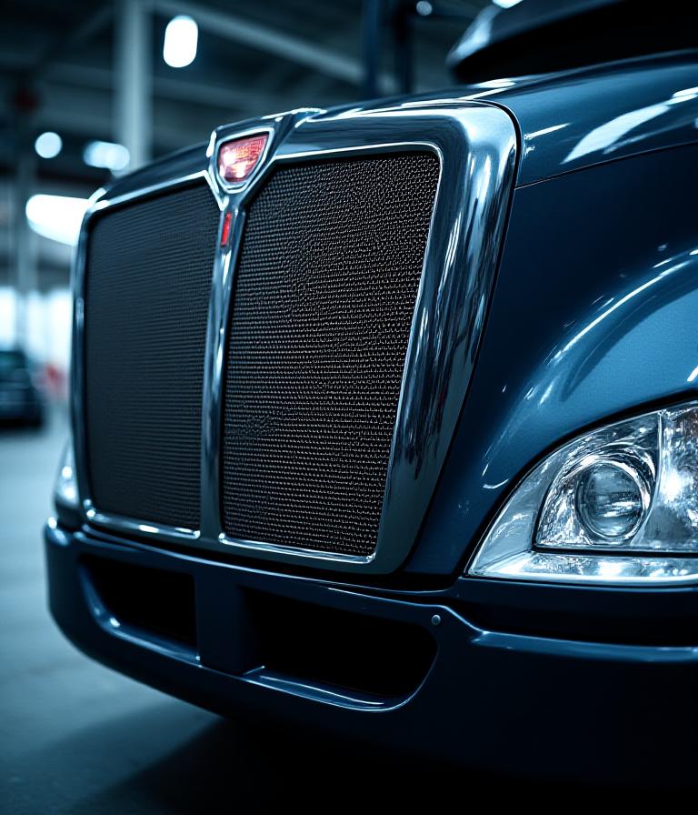 Close-up of a premium long-haul truck engine detail with cinematic lighting