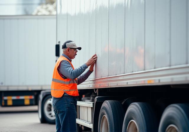 Professional logistics driver performing safety inspection