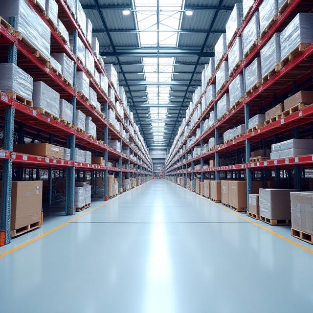 Clean, modern industrial warehouse interior with white flooring and high ceilings